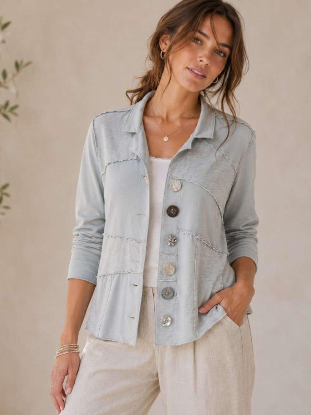 Neon Buddha French Terry Jacket Pale Chalk Blue L Statement Button Soft Jacket